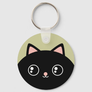 Cute Black Kawaii Kat Round Sleutelhanger