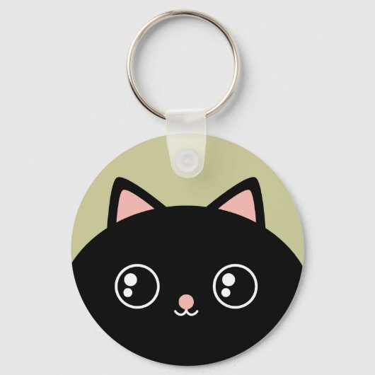 Cute Black Kawaii Kat Round Sleutelhanger (Voorkant)