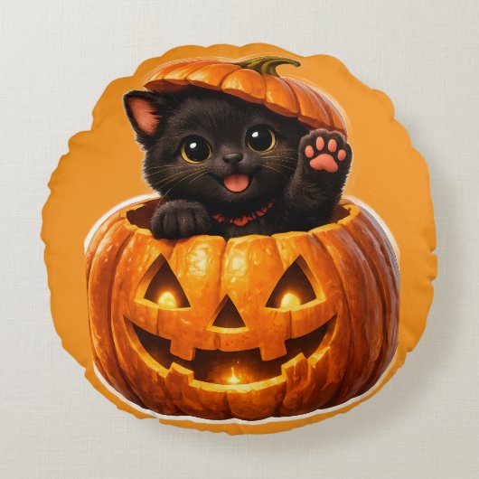 Cute black kitten and jack-o'-lantern spooky sweet rond kussen (Voorkant)