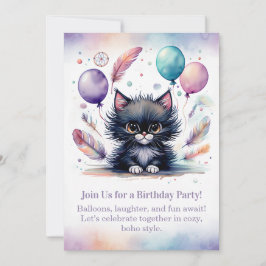 Cute Black Kitten Birthday Invitation  Boho  Kaart