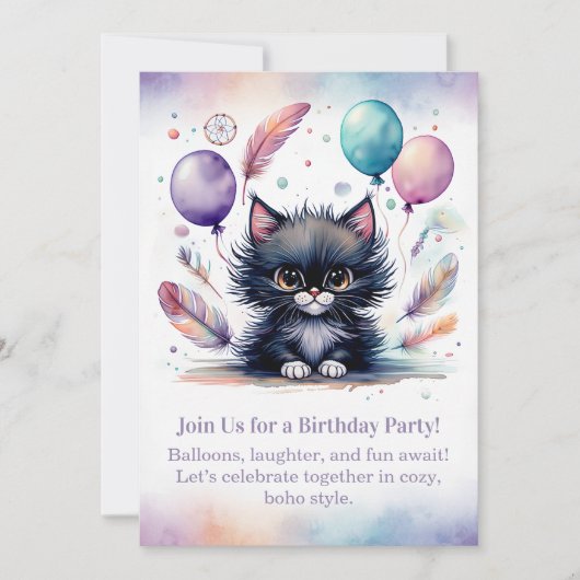 Cute Black Kitten Birthday Invitation Boho Kaart (Voorkant)