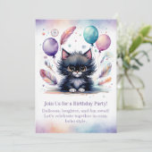 Cute Black Kitten Birthday Invitation Boho Kaart (Staand voorkant)