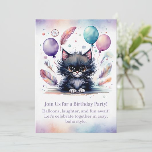 Cute Black Kitten Birthday Invitation  Boho  Kaart (Staand voorkant)