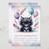 Cute Black Kitten Birthday Invitation Boho Kaart (Voorkant / Achterkant)