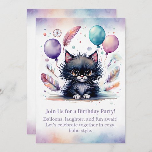 Cute Black Kitten Birthday Invitation Boho Kaart (Voorkant / Achterkant)