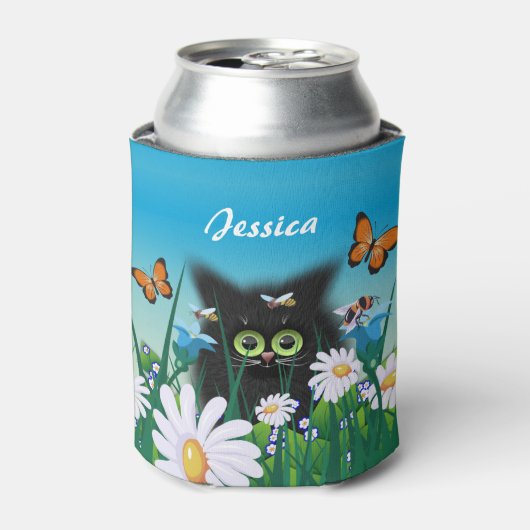 Cute Black Kitten en Daisies Art, gepersonaliseerd Blikjeskoeler (Blikje Voorkant)