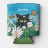 Cute Black Kitten en Daisies Art, gepersonaliseerd Blikjeskoeler (Voorkant)