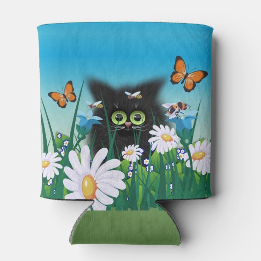 Cute Black Kitten en Daisies Art, gepersonaliseerd Blikjeskoeler (Achterkant)