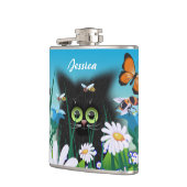Cute Black Kitten en Daisies Art, gepersonaliseerd Heupfles (Links)