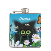 Cute Black Kitten en Daisies Art, gepersonaliseerd Heupfles (Voorkant)