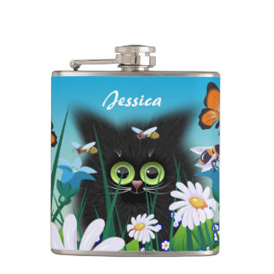 Cute Black Kitten en Daisies Art, gepersonaliseerd Heupfles