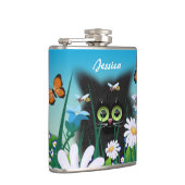 Cute Black Kitten en Daisies Art, gepersonaliseerd Heupfles (Rechts)