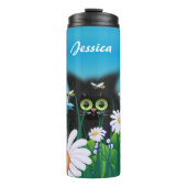 Cute Black Kitten en Daisies Art, gepersonaliseerd Thermosbeker (Voorkant)