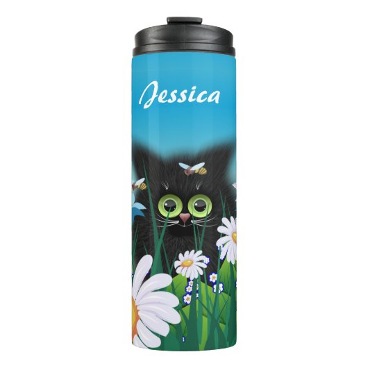 Cute Black Kitten en Daisies Art, gepersonaliseerd Thermosbeker (Voorkant)
