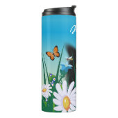 Cute Black Kitten en Daisies Art, gepersonaliseerd Thermosbeker (Gedraaid links)