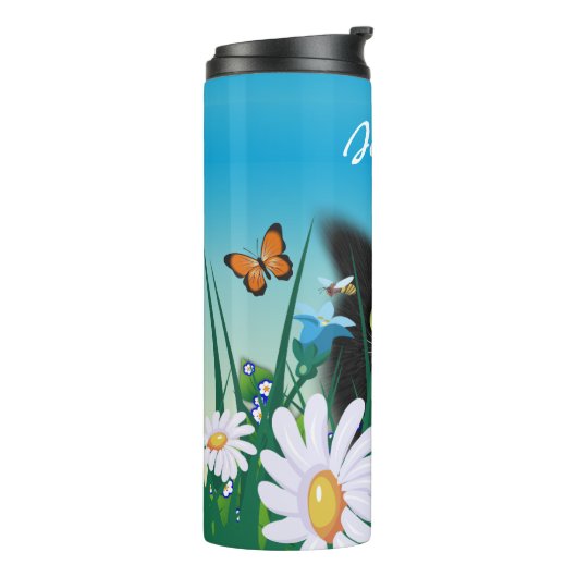 Cute Black Kitten en Daisies Art, gepersonaliseerd Thermosbeker (Gedraaid links)