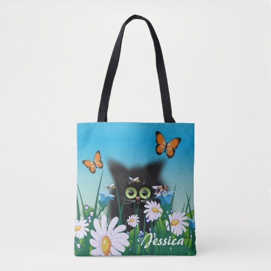 Cute Black Kitten en Daisies Art, gepersonaliseerd Tote Bag (Voorkant)