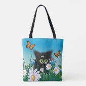 Cute Black Kitten en Daisies Art, gepersonaliseerd Tote Bag (Achterkant)