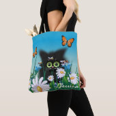 Cute Black Kitten en Daisies Art, gepersonaliseerd Tote Bag (Dichtbij)