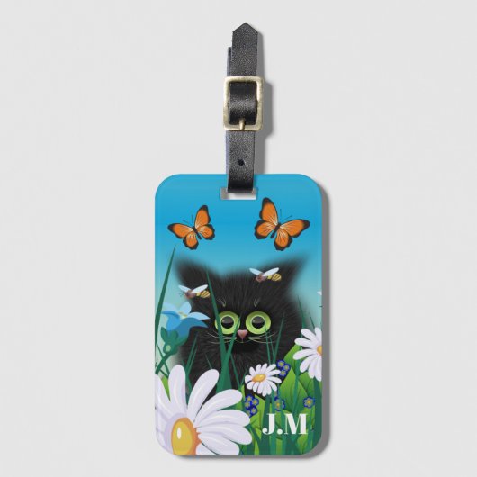 Cute Black Kitten en Daisies Art Monogram Bagagelabel (Voorkant (verticaal))