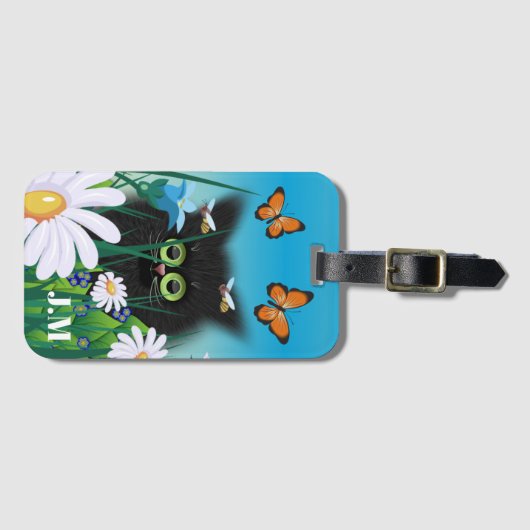 Cute Black Kitten en Daisies Art Monogram Bagagelabel (Voorkant (horizontaal))