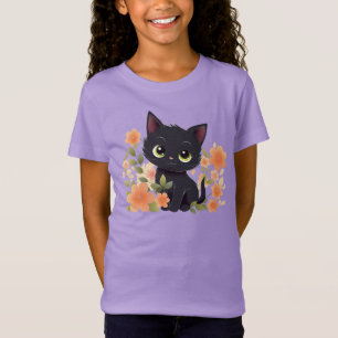 Cute Black Kitten en Flowers T-shirt