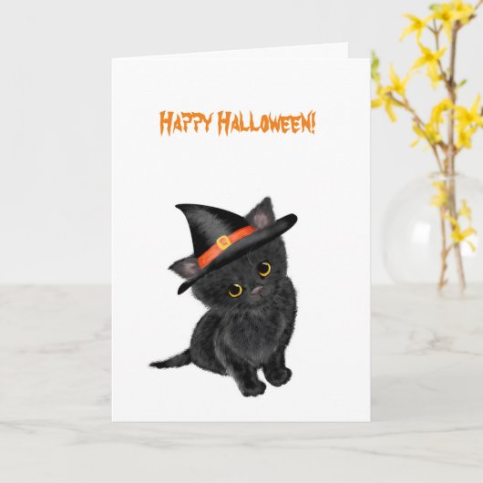 Cute black kitten Halloween-kaart Kaart (Gele Bloem)