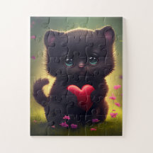 Cute Black Kitten Holding Heart Jigzaag Puzzle