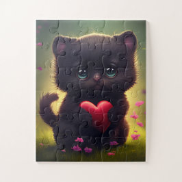 Cute Black Kitten Holding Heart Jigzaag Puzzle Legpuzzel