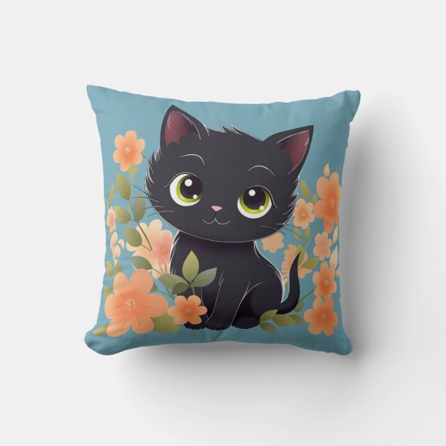 Cute Black Kitten, House Panther met Flowers Kussen (Voorkant)