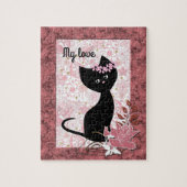 Cute black kitten kat gepersonaliseerd op de rode  legpuzzel (Verticaal)