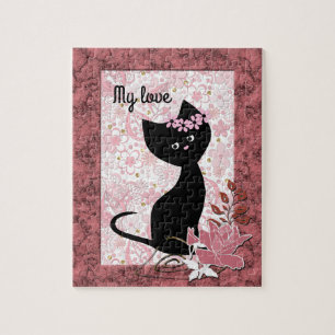 Cute black kitten kat gepersonaliseerd op de rode  legpuzzel