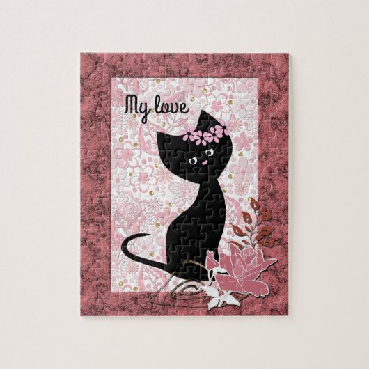 Cute black kitten kat gepersonaliseerd op de rode  legpuzzel (Verticaal)