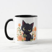 Cute Black Kitten met bloemen Mok (Links)