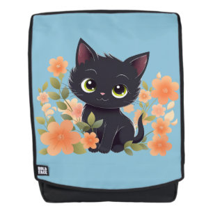 Cute Black Kitten met bloemen Rugtassen