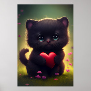 Cute Black Kitten met hart en bloemen Poster