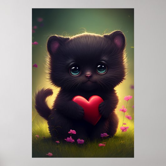 Cute Black Kitten met hart en bloemen Poster (Voorkant)