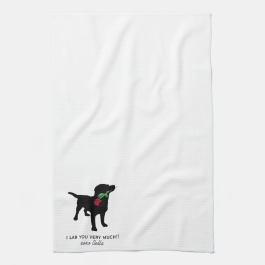 Cute Black Lab Dog houdt Red Rose Kitchen Towel va Theedoek (Verticaal)