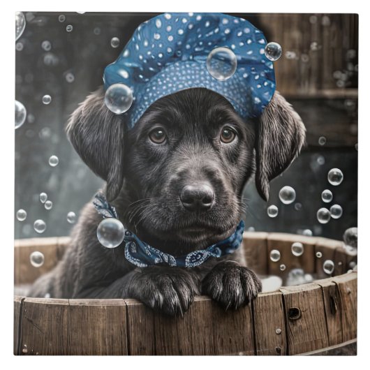 Cute Black Lab Puppy Dog Spa Bubble Bath Tegeltje (Voorkant)