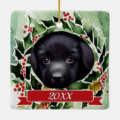 Cute Black Labrador Puppy Waterverf Kerstmis Keramisch Ornament (Achterkant)