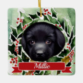Cute Black Labrador Puppy Waterverf Kerstmis Keramisch Ornament (Voorkant)