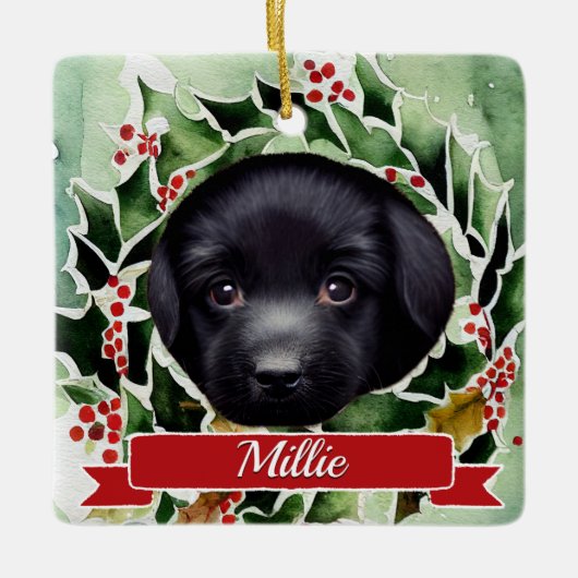 Cute Black Labrador Puppy Waterverf Kerstmis Keramisch Ornament (Voorkant)