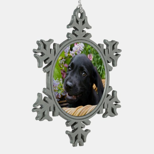 Cute Black Labrador Retriever Dog Puppy Photo * Tin Sneeuwvlok Ornament (Links)