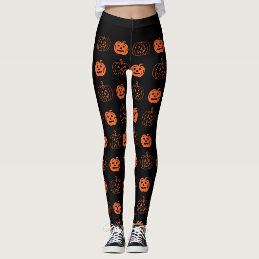 Cute Black Oranje Jack O Lantern Pattern Halloween Leggings (Voorkant)