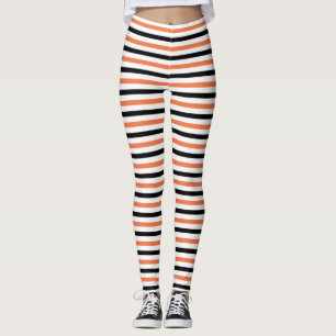 Cute Black Oranje & White Stripe Pattern Halloween Leggings