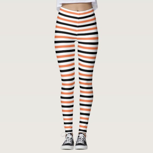 Cute Black Oranje & White Stripe Pattern Halloween Leggings (Voorkant)