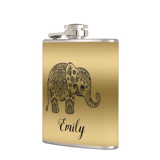 Cute Black Paisley Elephant Gold Background Heupfles (Links)