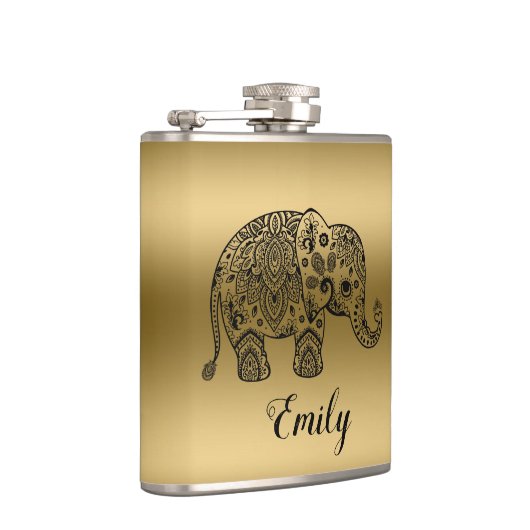 Cute Black Paisley Elephant Gold Background Heupfles (Rechts)