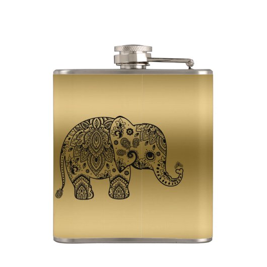 Cute Black Paisley Elephant Gold Background Heupfles (Achterkant)