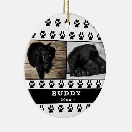 Cute Black Paw Pattern Dog Photo Collage Keepslag Keramisch Ornament (Rechts)